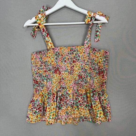 J.Crew Floral Smocked Tie Shoulder Top Womens Large Pink Peplum Resort Vacation - Picture 4 of 11